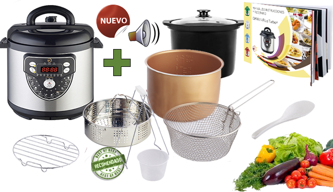Olla GM4U iPlus Turbo 6L + Cubeta de ceramica Dorada + Cestillo de freir + Cestillo de vapor + Pinzas extractoras
+ Recetario a todo color con mas de 325 recetas 