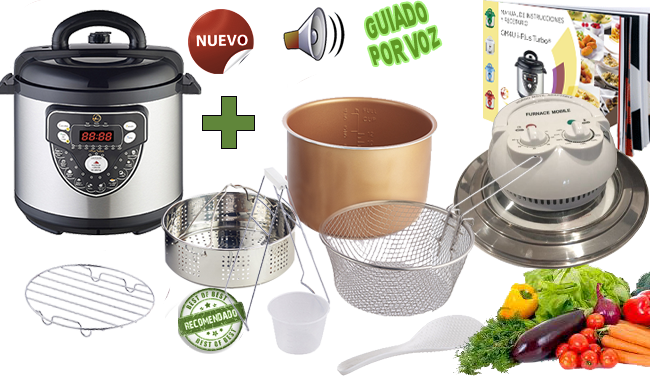 Olla GM4U iPlus Turbo 6L + Cubeta de ceramica Dorada + Tapa Horno  Blanca + Cestillo de vapor + Cestillo de freir + Pinzas extractoras + Recetario a todo color con mas de 325 recetas